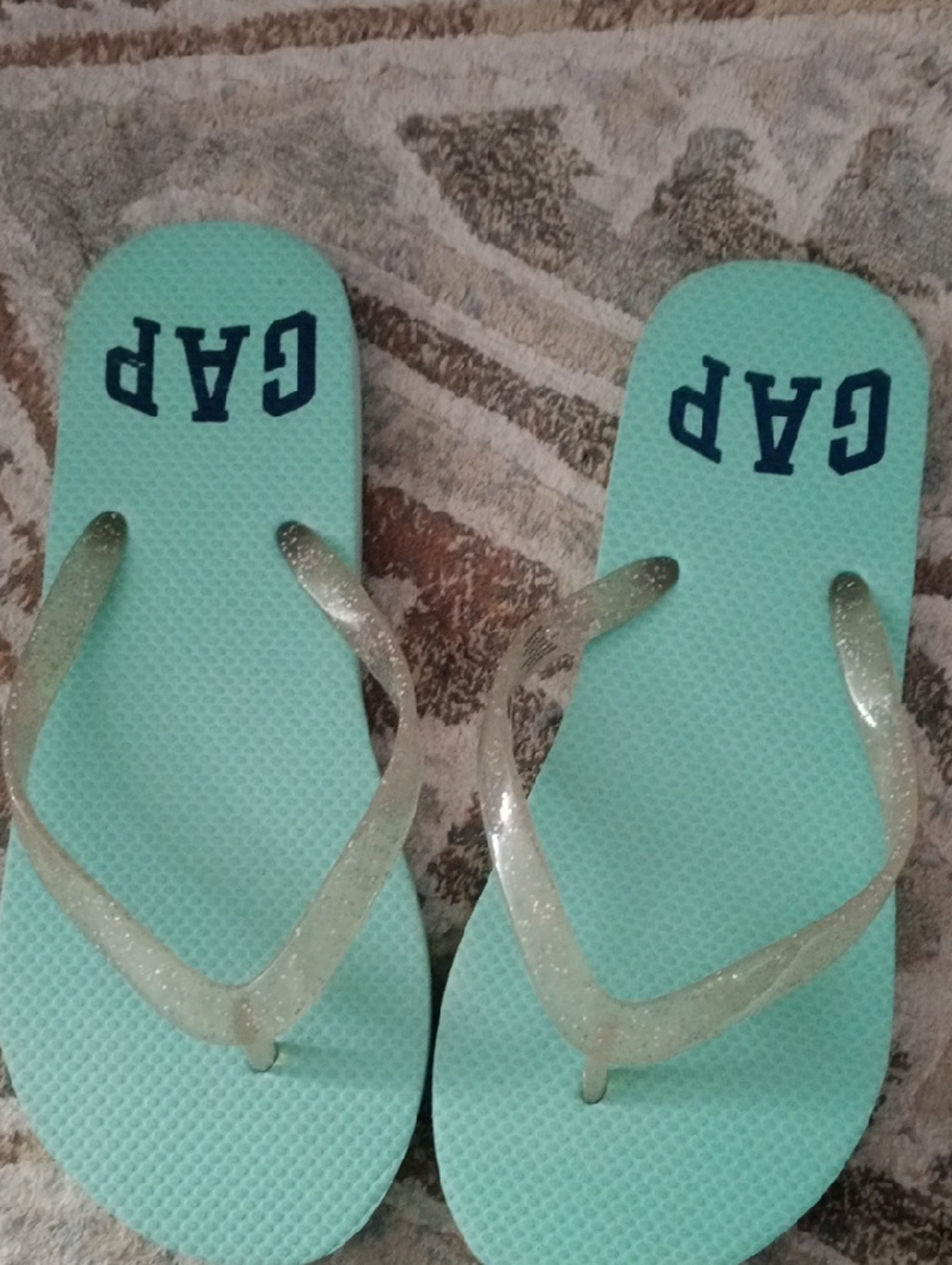 GAP Mint Green Flip Flops with Clear Glitter Straps